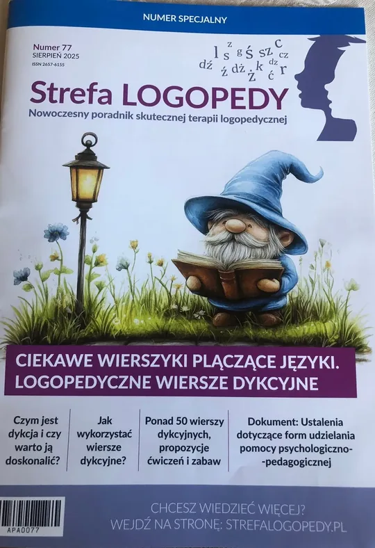 Okładka numeru 77 poradnika „Strefa Logopedy” z sierpnia 2025 z wierszami dykcyjnymi