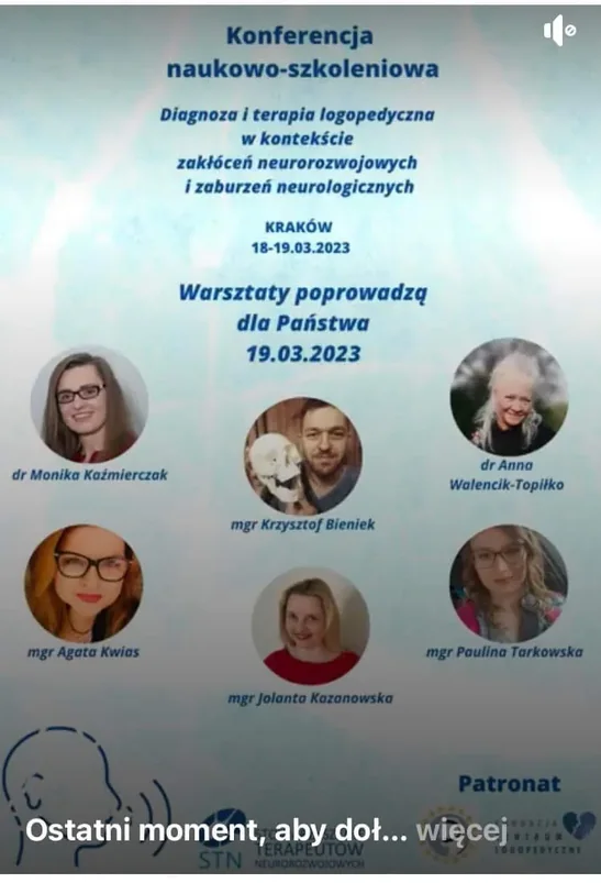 Plakat konferencji naukowo-szkoleniowej w Krakowie w 2023 roku z listą prowadzących warsztaty