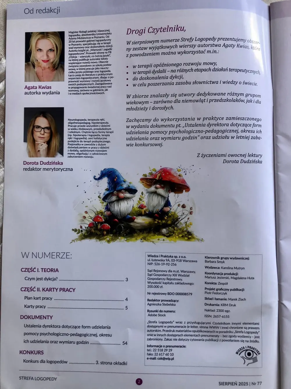 Strona redakcyjna numeru 77 Strefy Logopedy z notą biograficzną Agaty Kwias